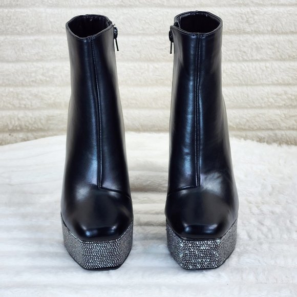 Nikki Black Leatherette Rhinestone Platform Chunky Heel Ankle Boots - Picture 9 of 17